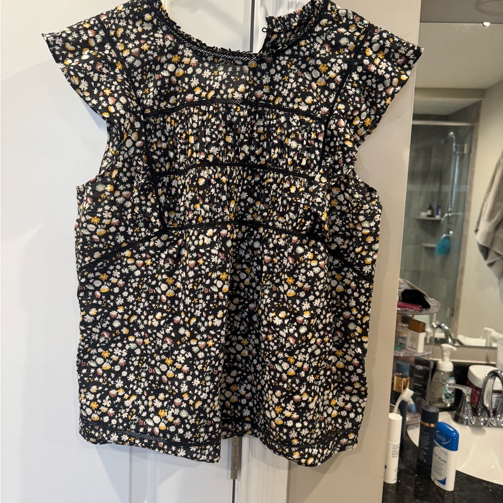 Rails Black Floral Ruffle Neck Blouse with Mustard and Olive Accents